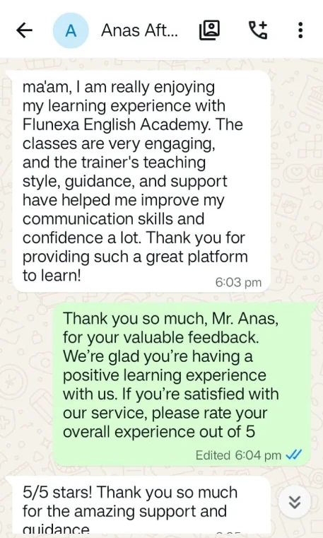 WhatsApp feedback screenshot from Anas Aftab