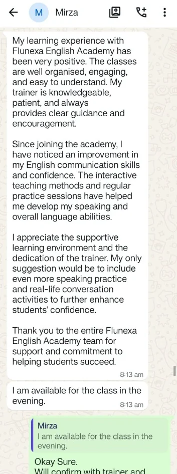 WhatsApp feedback screenshot from Shaista Mirza